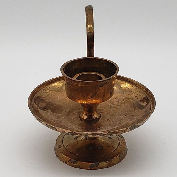 Solid Brass Vntg Pedestal Chamber Walking Candlestick Holder with Finger Ring - Picture 8 of 10
